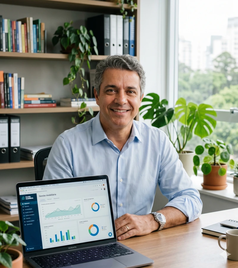 Profissional sorrindo em frente a notebook em ambiente de escritório moderno