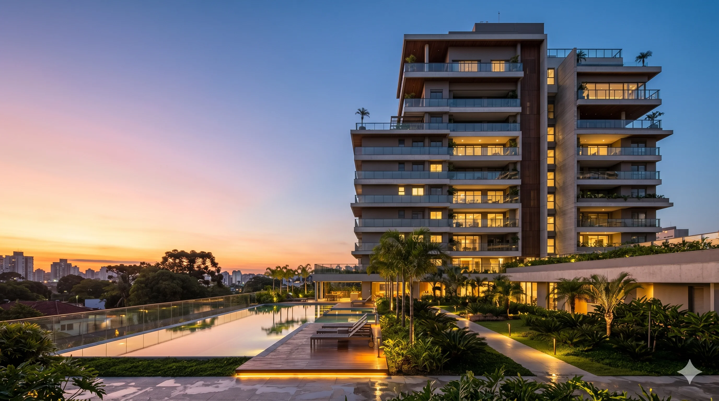 Prédio residencial moderno ao entardecer com piscina e paisagismo