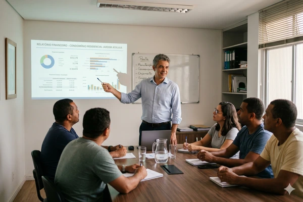 Especialista em gestão financeira condominial apresentando relatório transparente durante assembleia.
